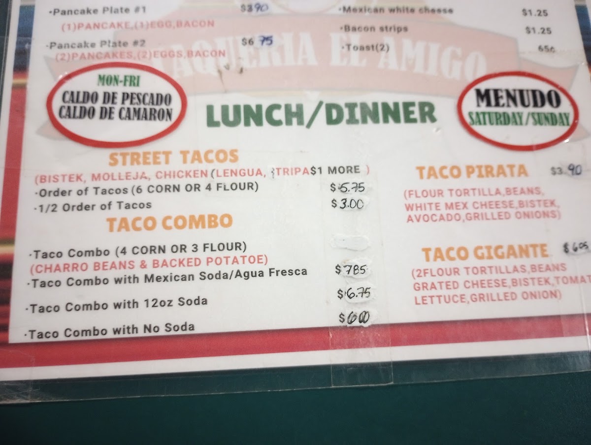 Taqueria El Amigo menu board