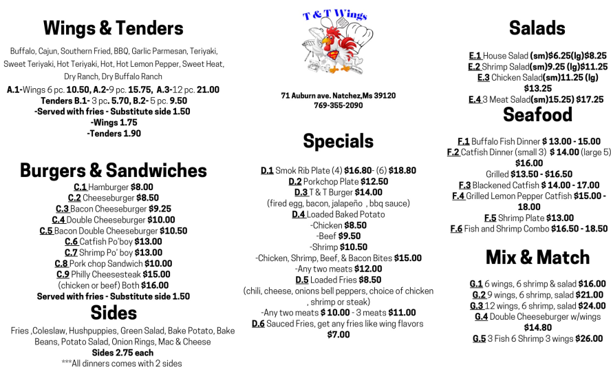 T&T Wings menu board