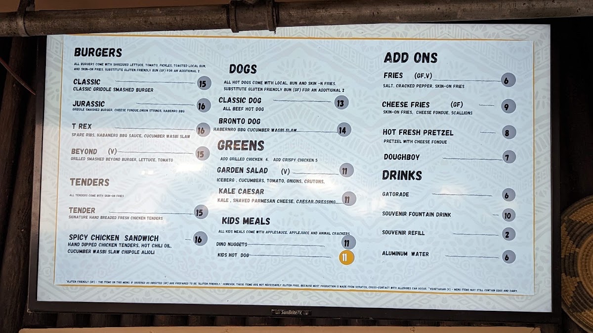 Tuskers menu board
