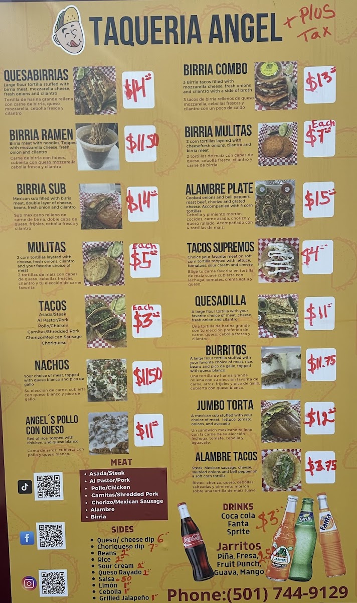 Taquería Angel menu board