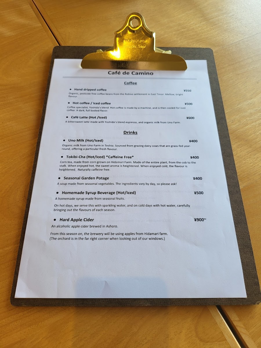 Café de Camino menu board
