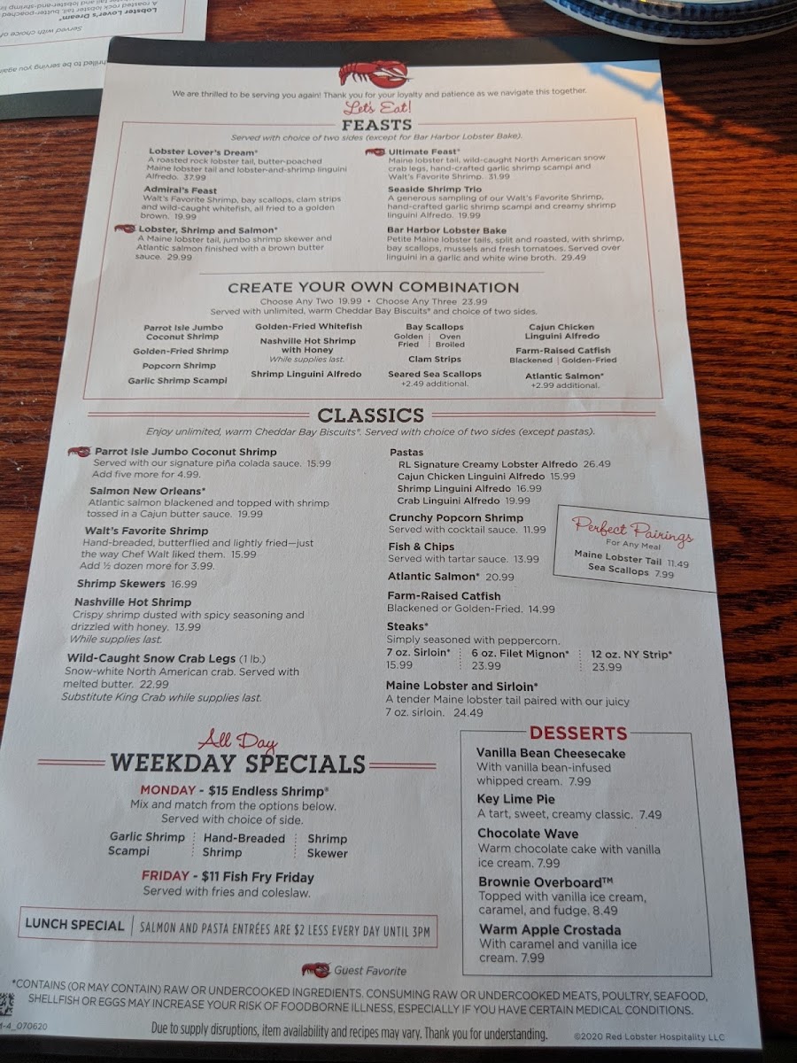 Red Lobster menu board