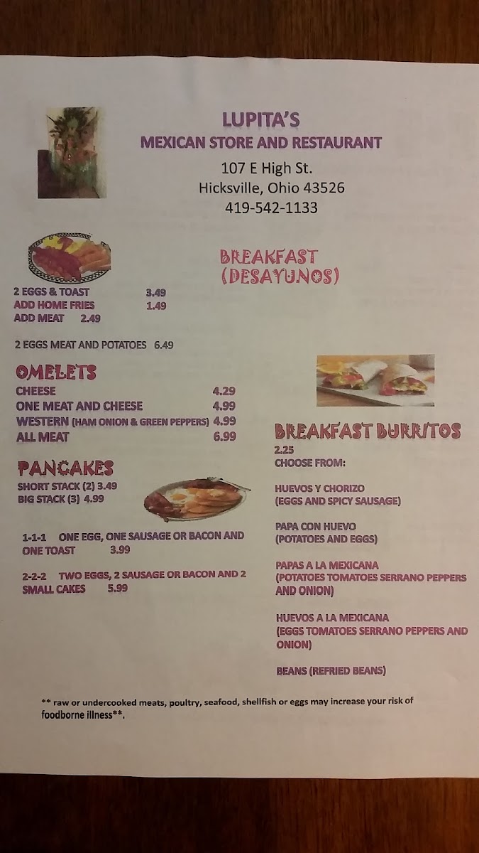 Lupita's Mexican Store and Restaurant menu board