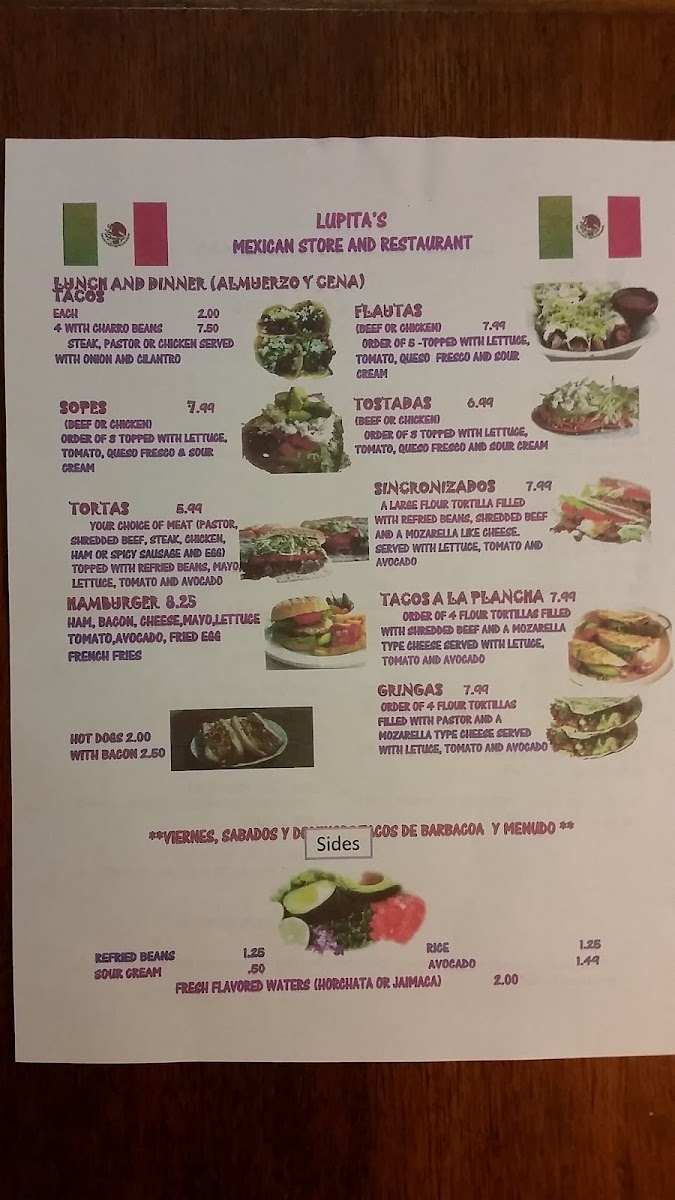 Lupita's Mexican Store and Restaurant menu board