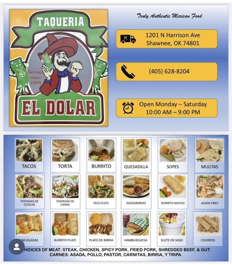 Taqueria El Dolar - Shawnee, OK menu board