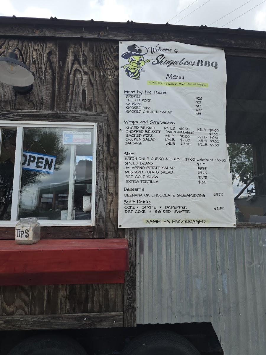 Shugabees Texas BBQ menu board