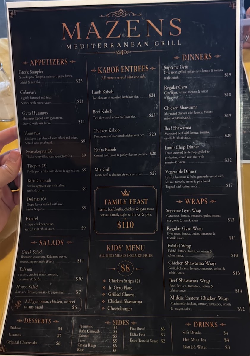 Mazen Mediterranean Grill menu board