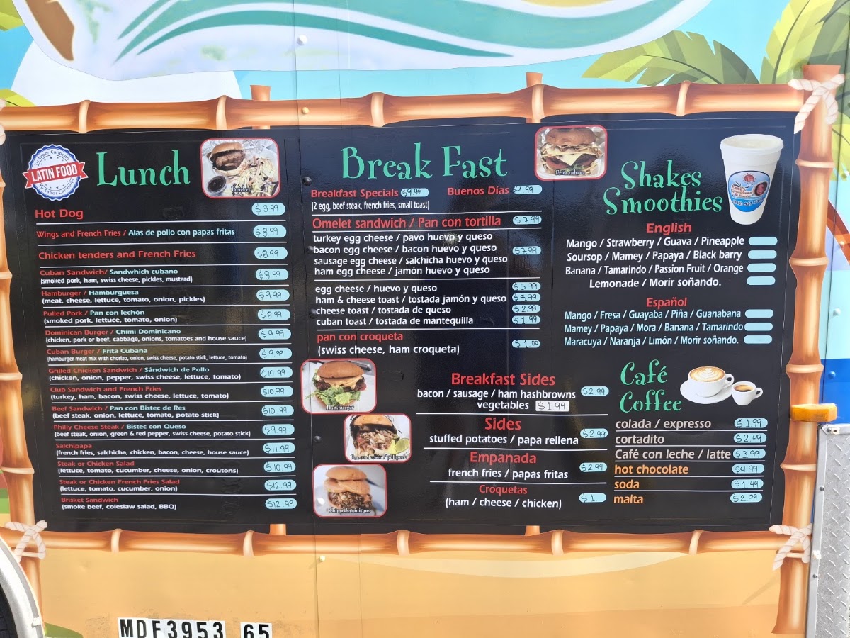 Roxi's Caribbean flavor menu board