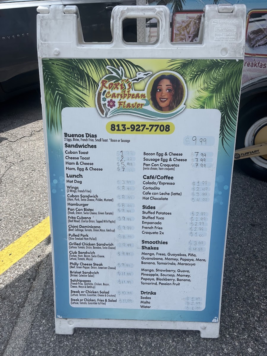 Roxi's Caribbean flavor menu board