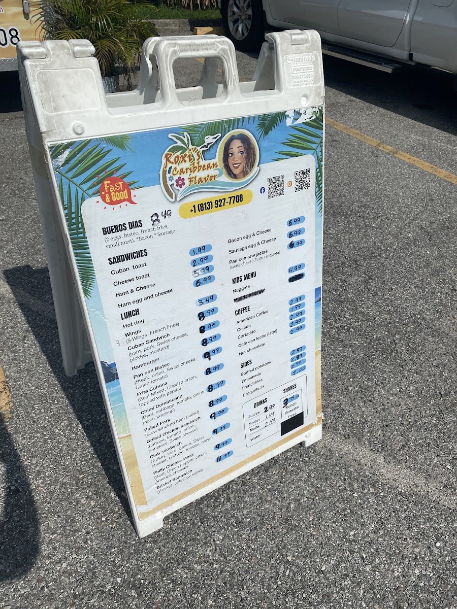 Roxi's Caribbean flavor menu board