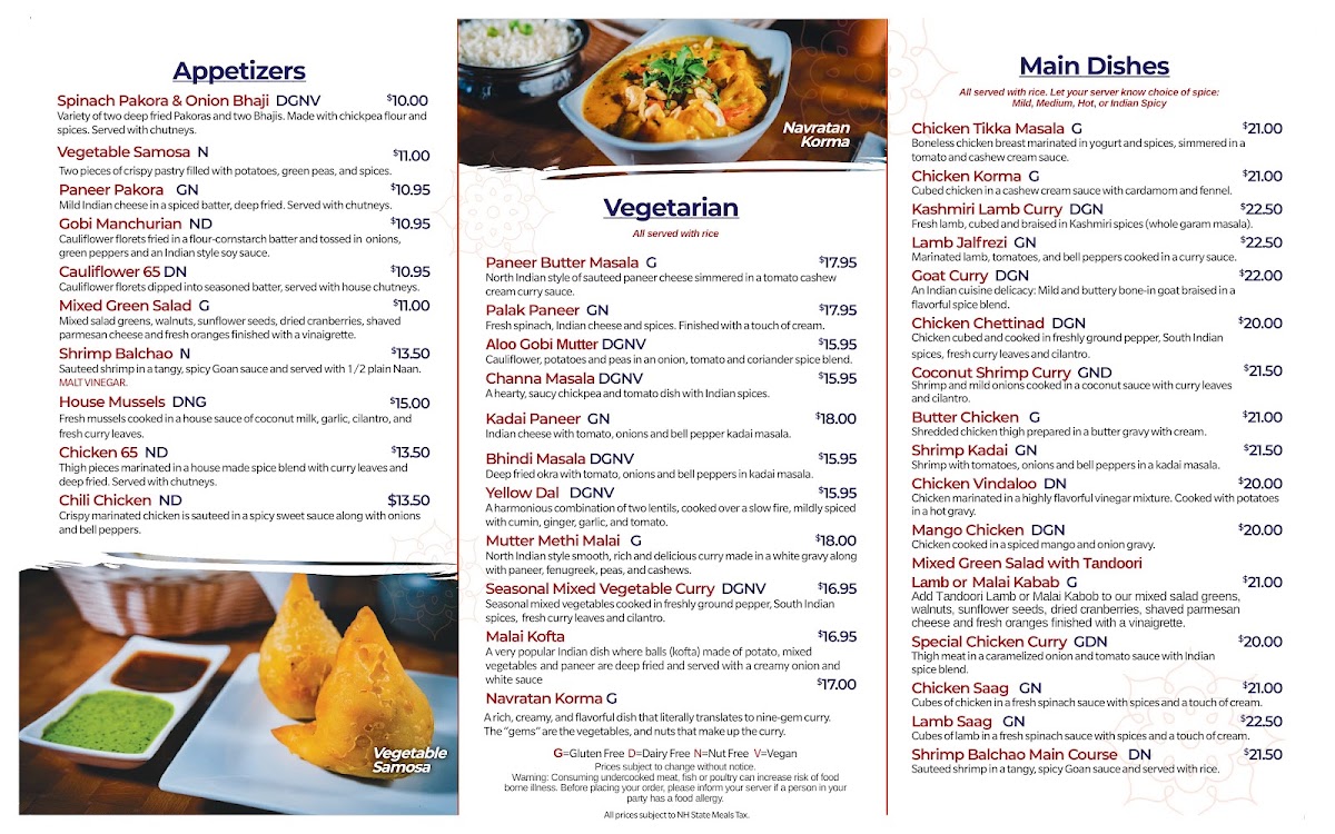 Destination India Restaurant & Bar Hampton NH menu board
