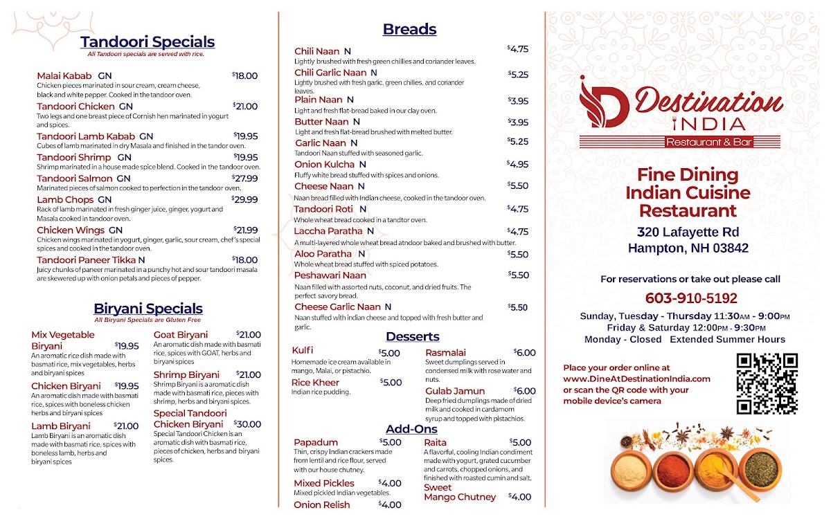 Destination India Restaurant & Bar Hampton NH menu board