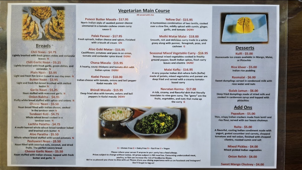 Destination India Restaurant & Bar Hampton NH menu board