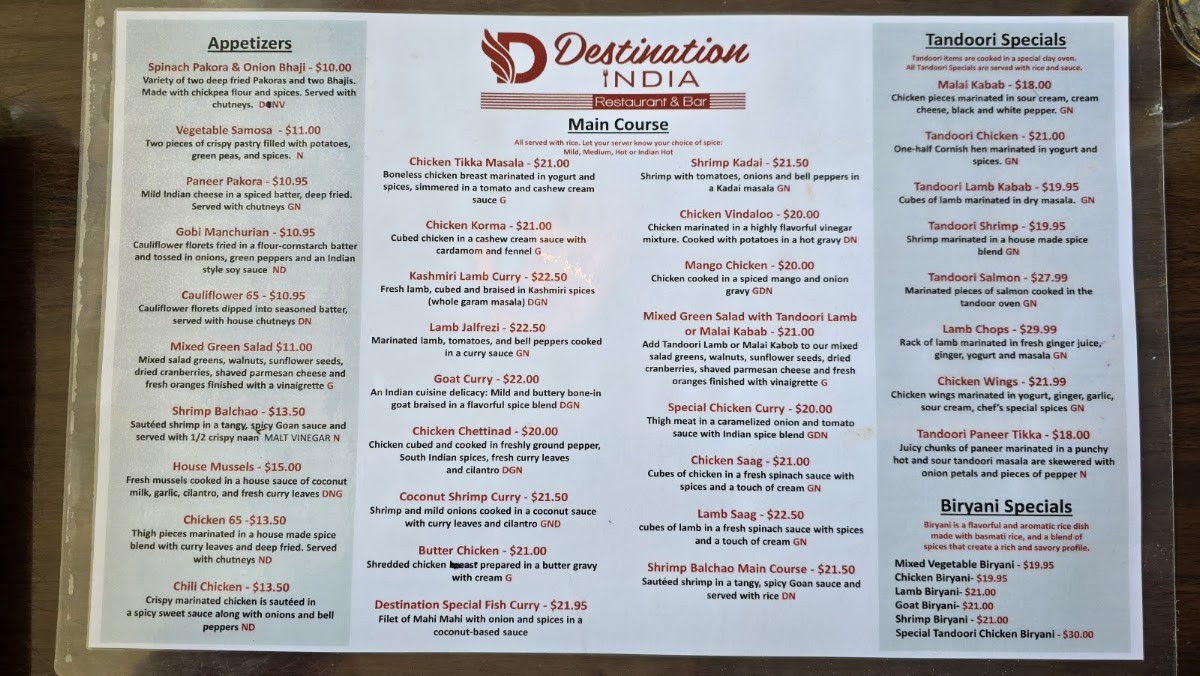 Destination India Restaurant & Bar Hampton NH menu board