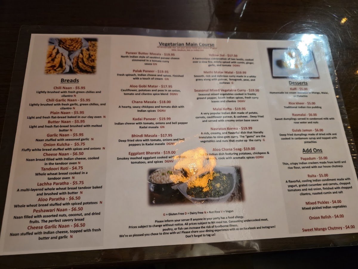 Destination India Restaurant & Bar Hampton NH menu board
