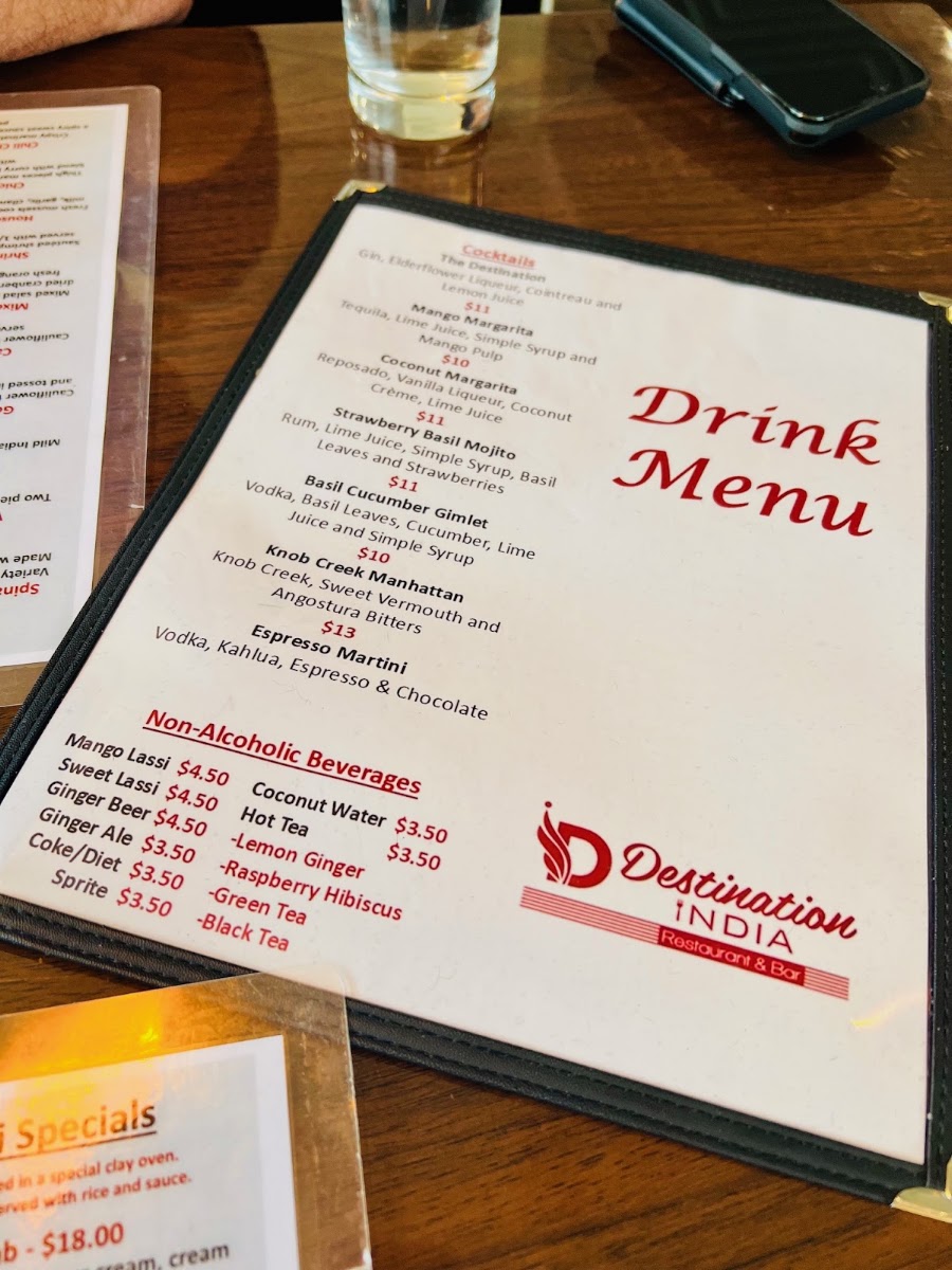 Destination India Restaurant & Bar Hampton NH menu board