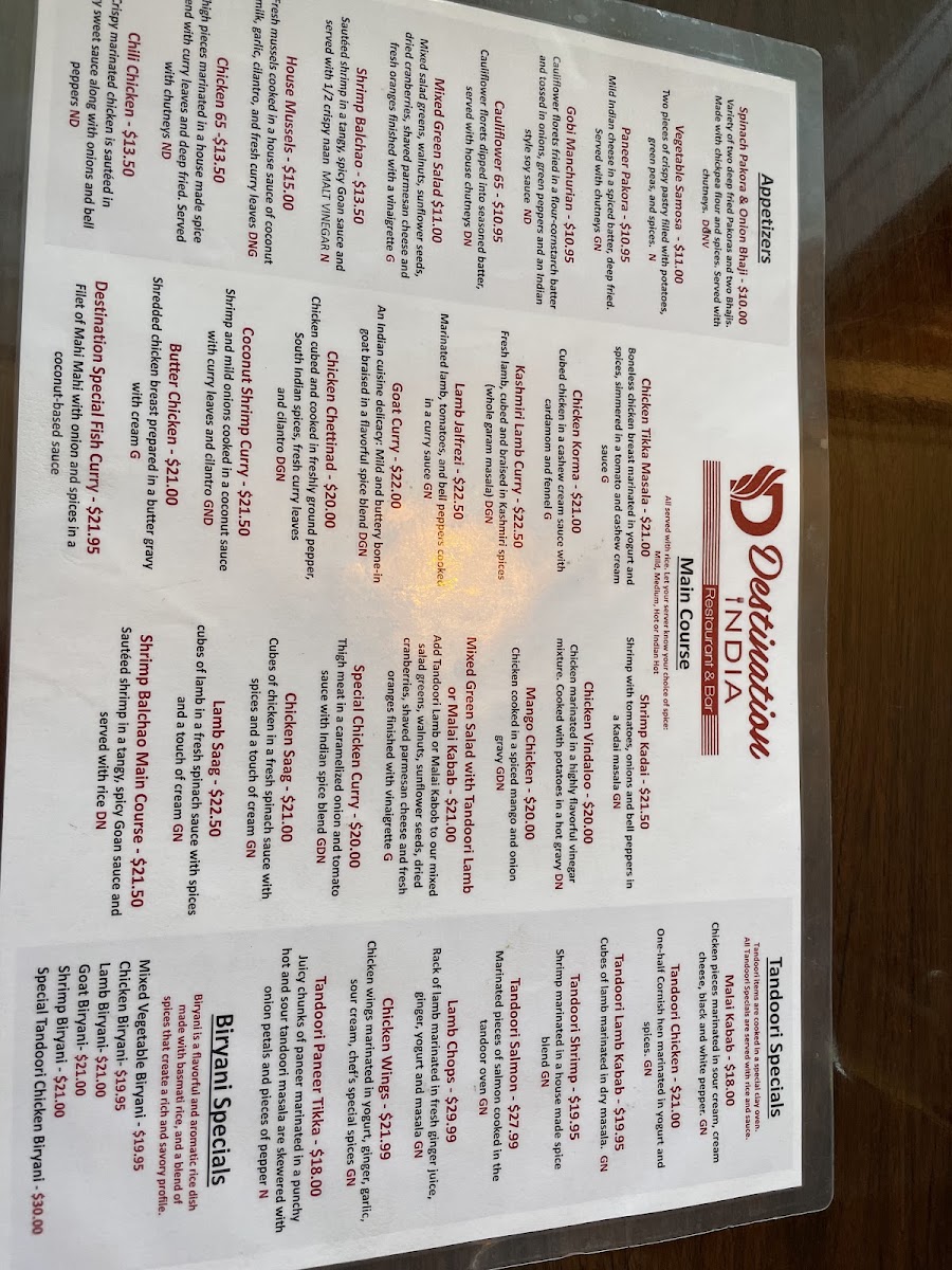 Destination India Restaurant & Bar Hampton NH menu board