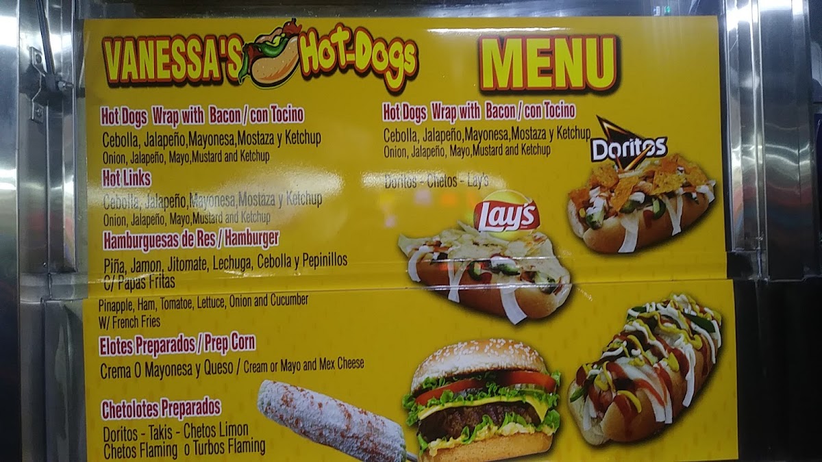 Vanessa's Hot Dogs menu board