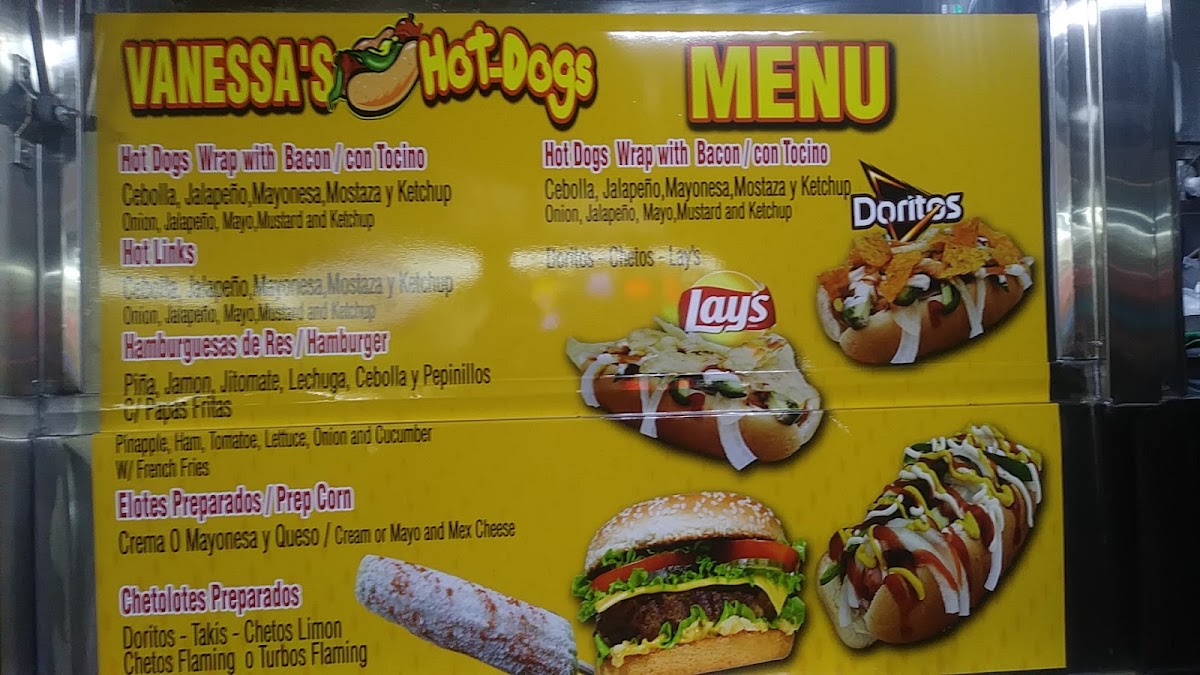 Vanessa's Hot Dogs menu board