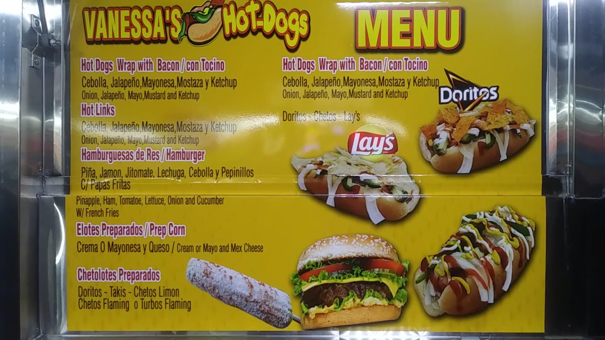 Vanessa's Hot Dogs menu board