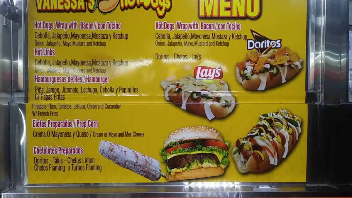 Vanessa's Hot Dogs menu board