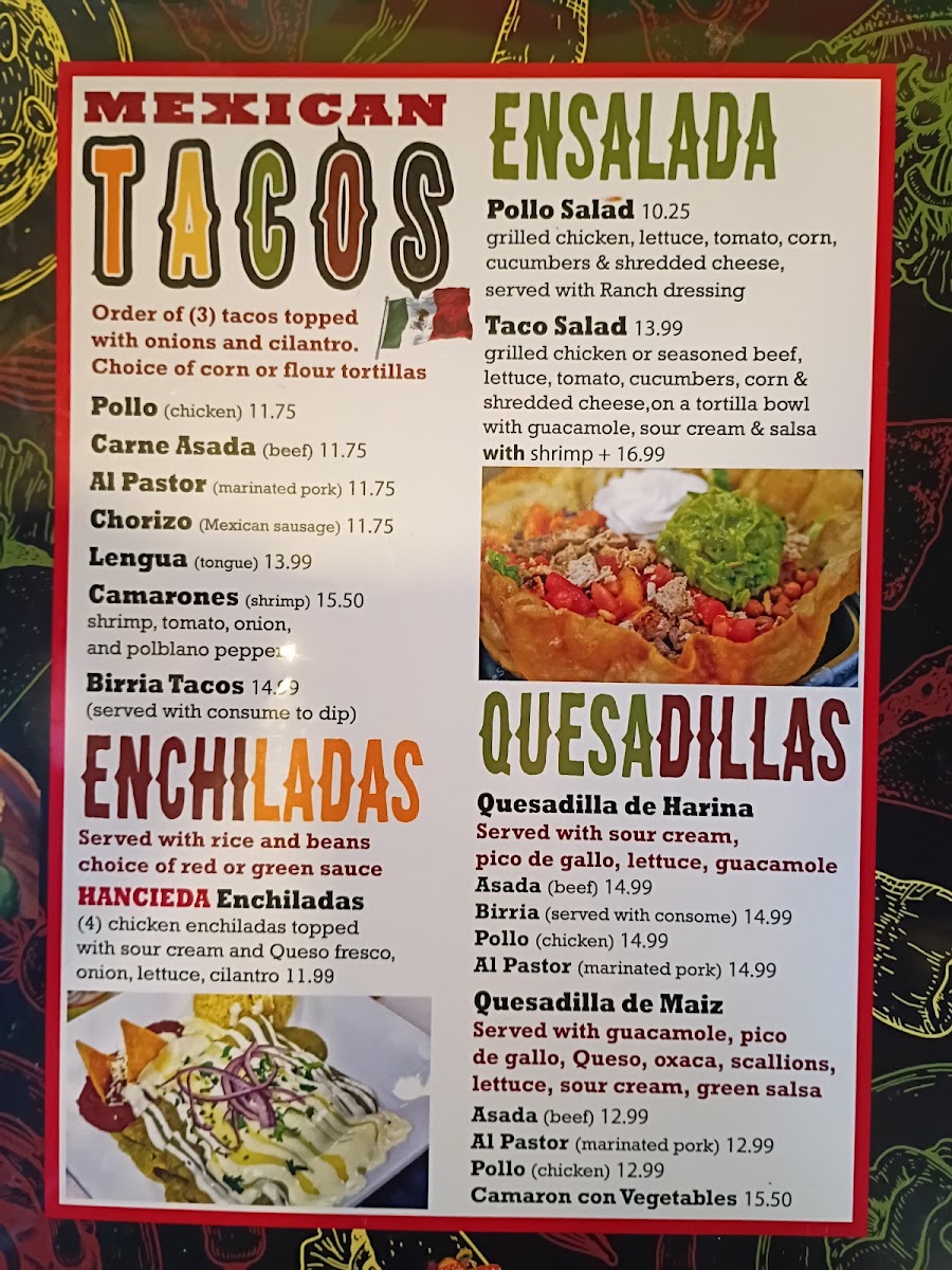 La Hacienda Mexican Grill menu board