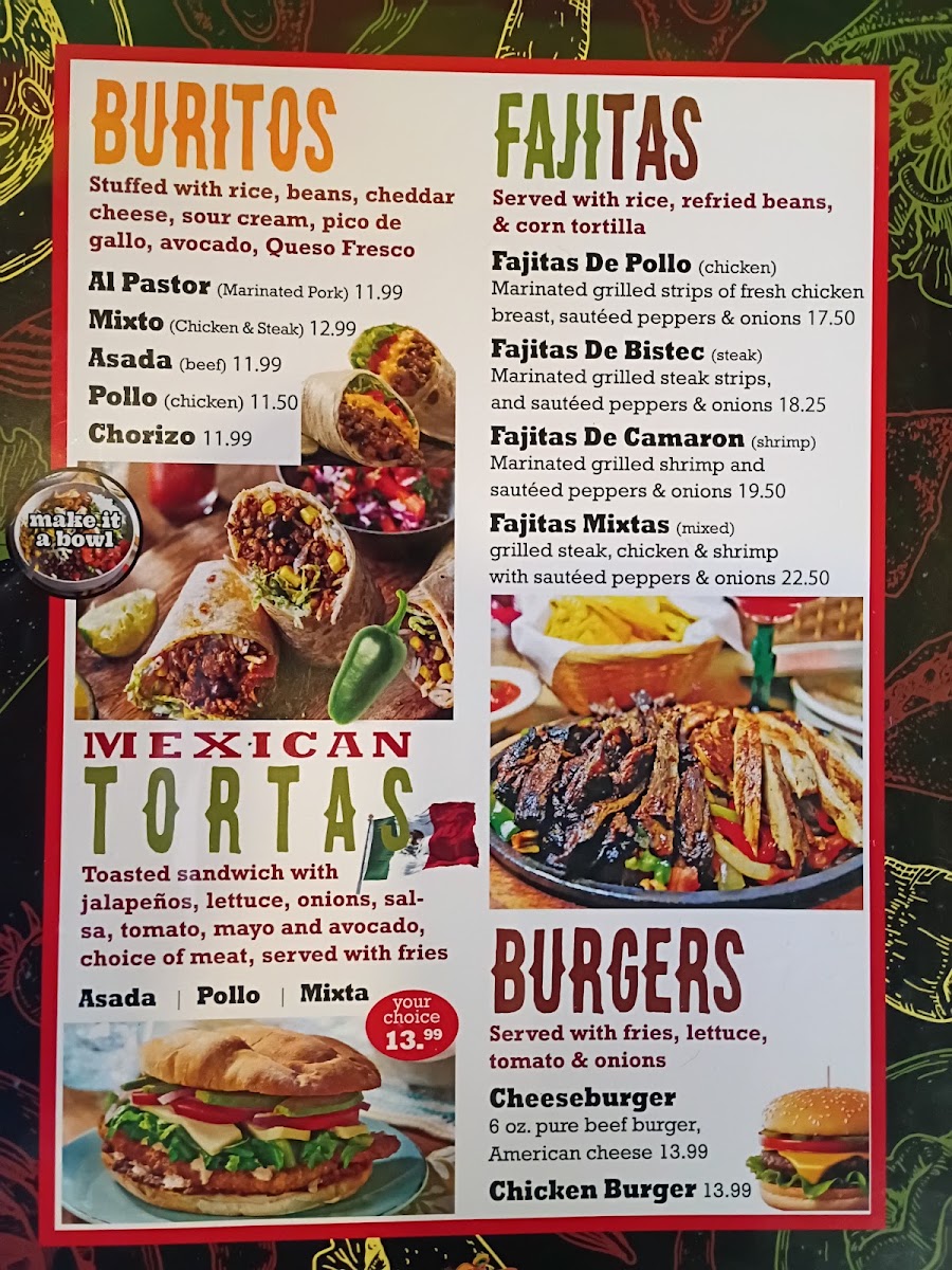 La Hacienda Mexican Grill menu board