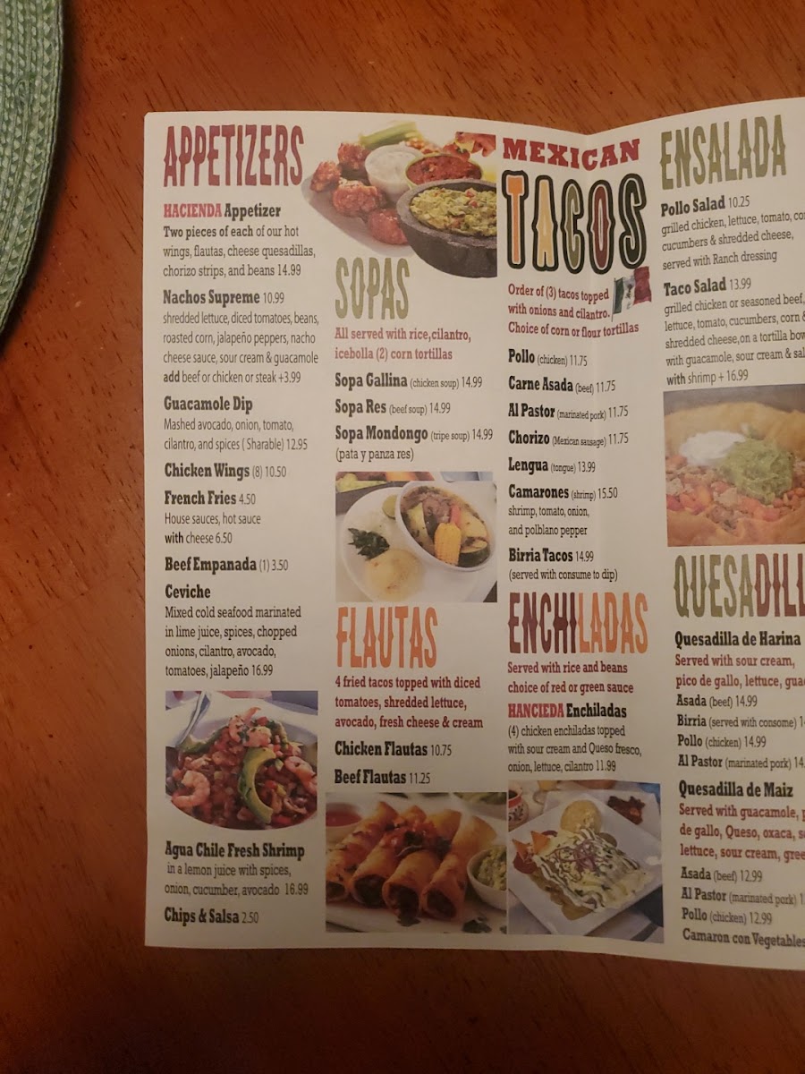 La Hacienda Mexican Grill menu board