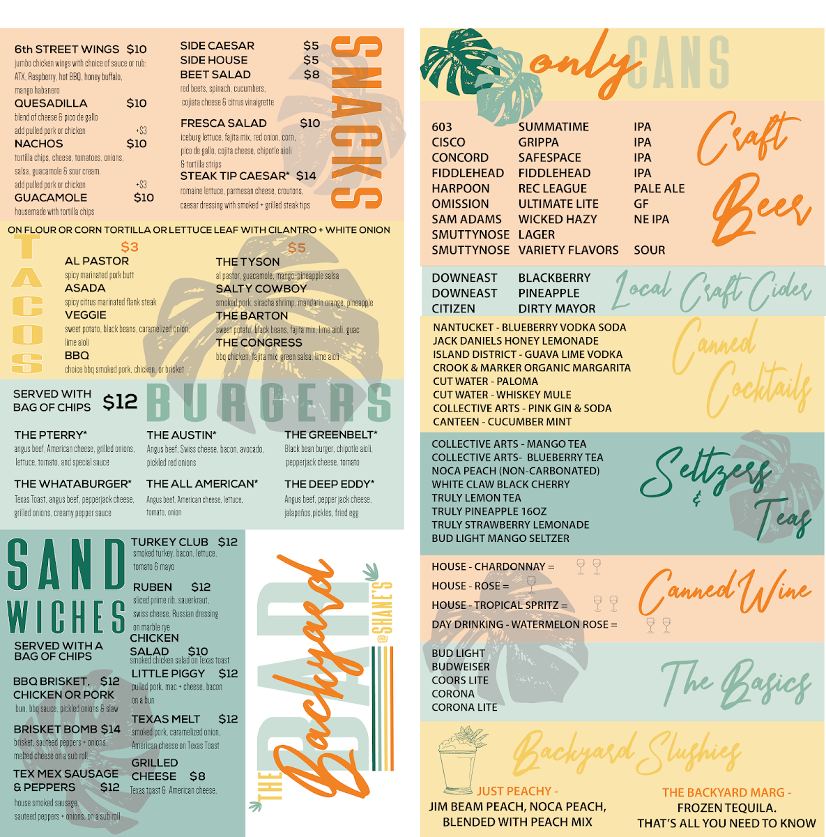 The Backyard Bar at Shane’s menu board
