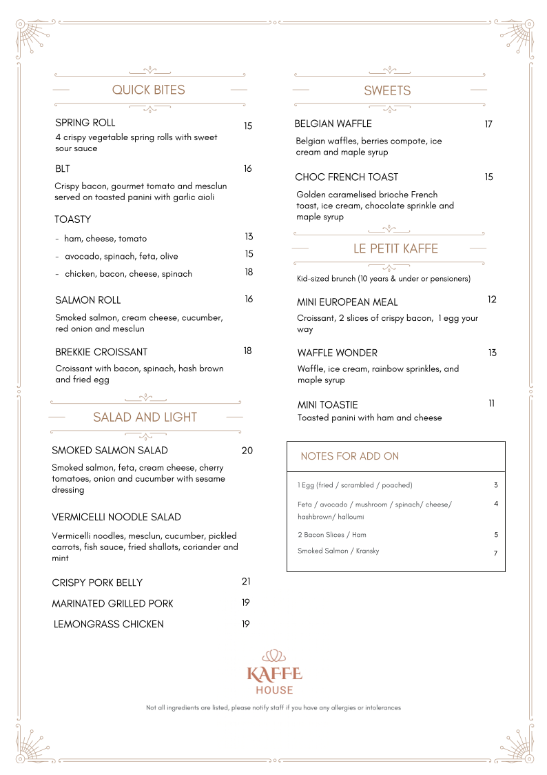 Kaffe European menu board