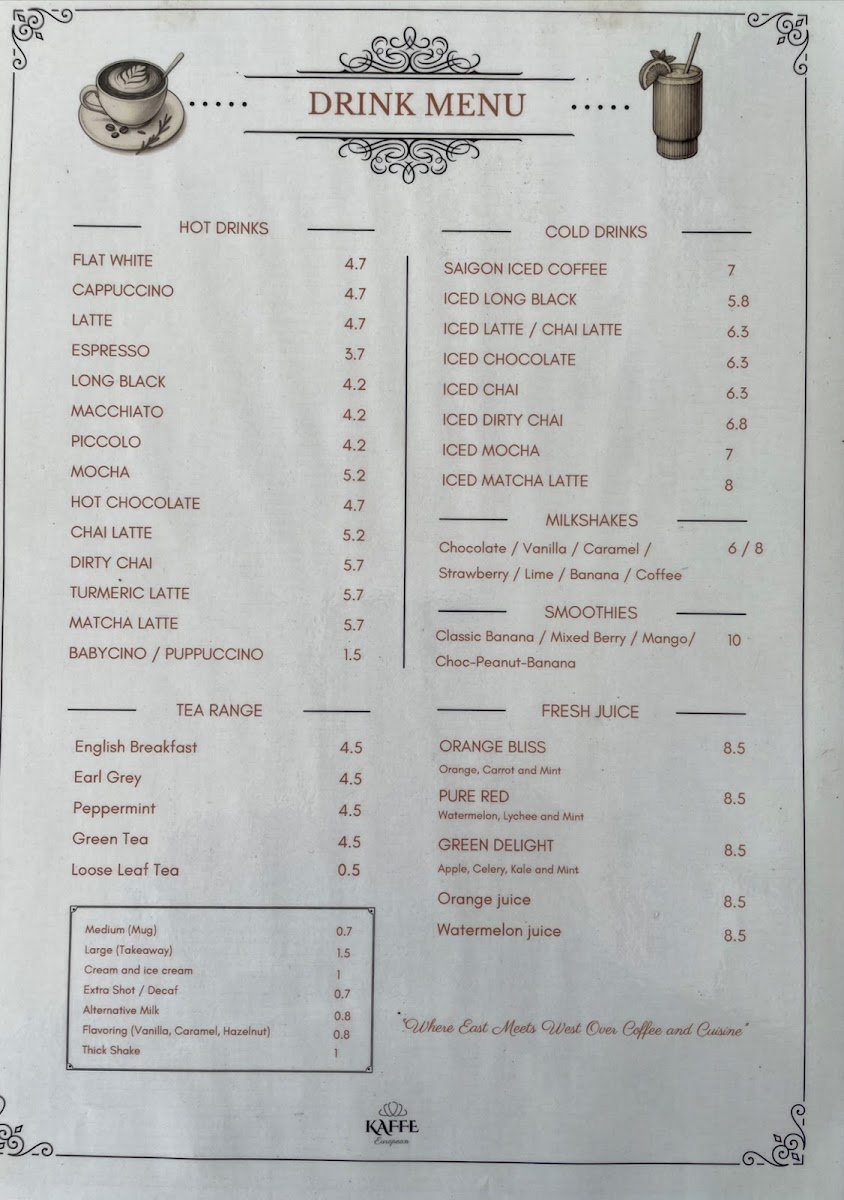 Kaffe European menu board