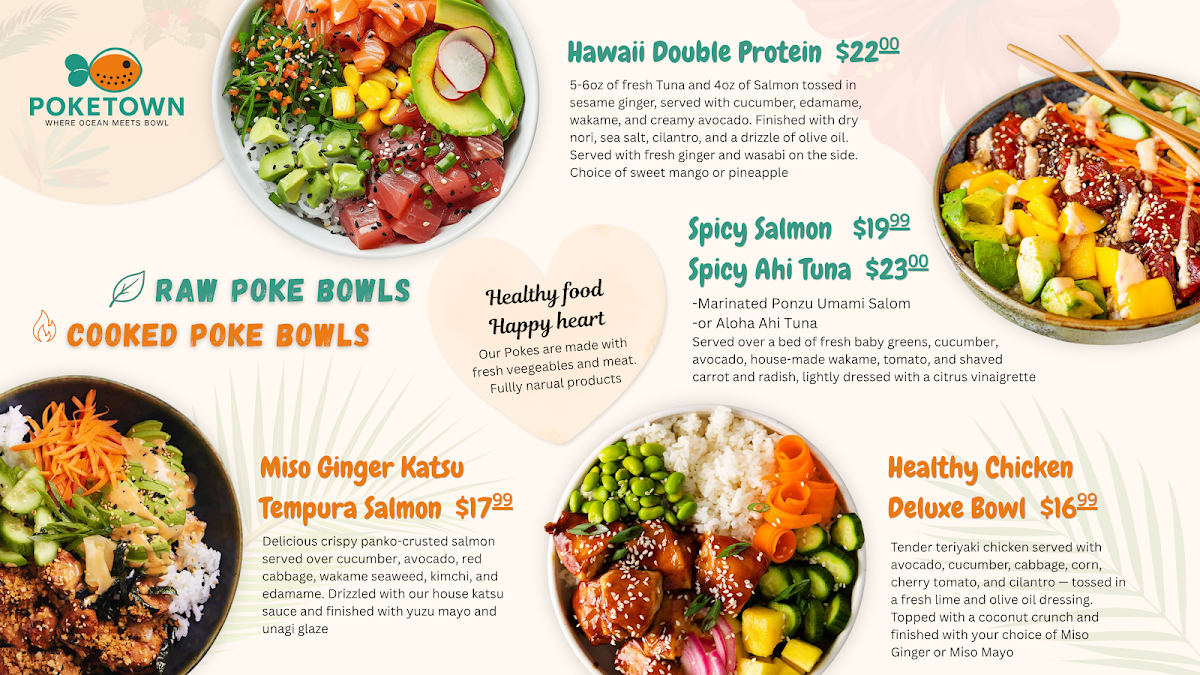 Poketown - Poke Sushi Ramen menu board