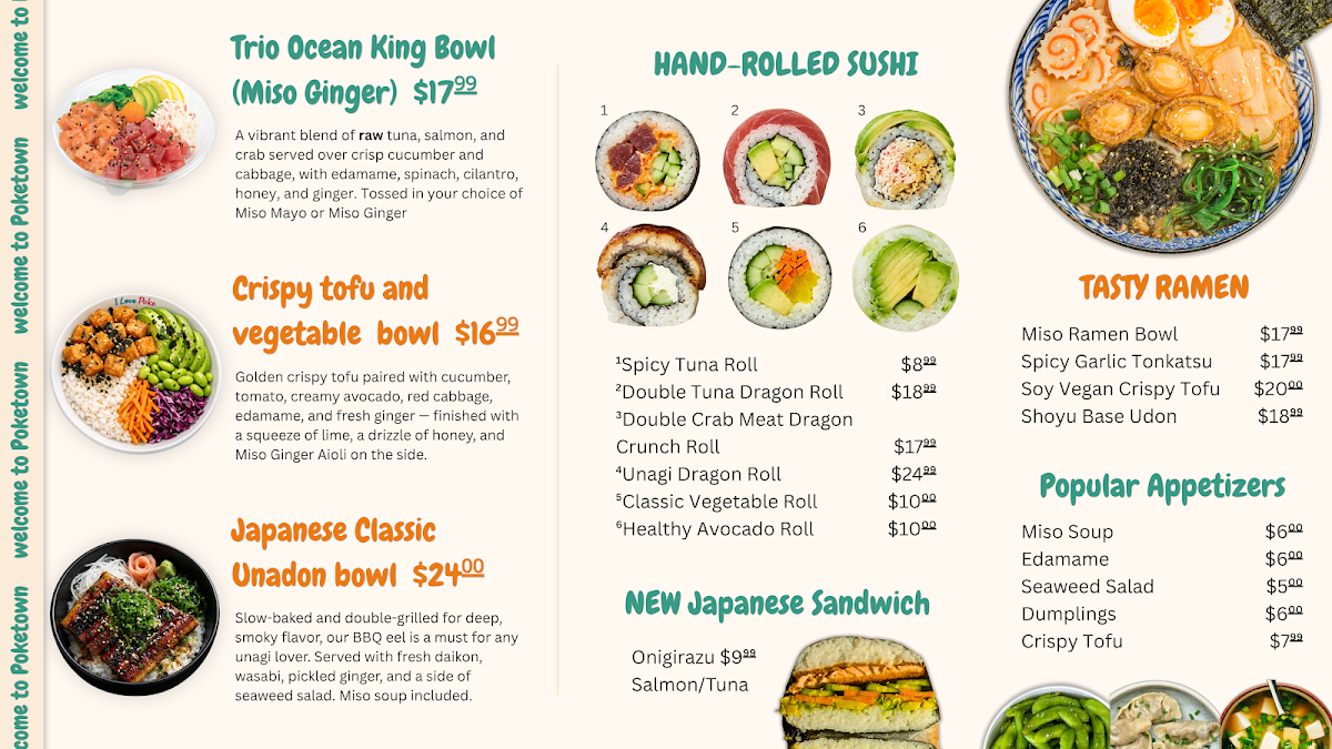Poketown - Poke Sushi Ramen menu board