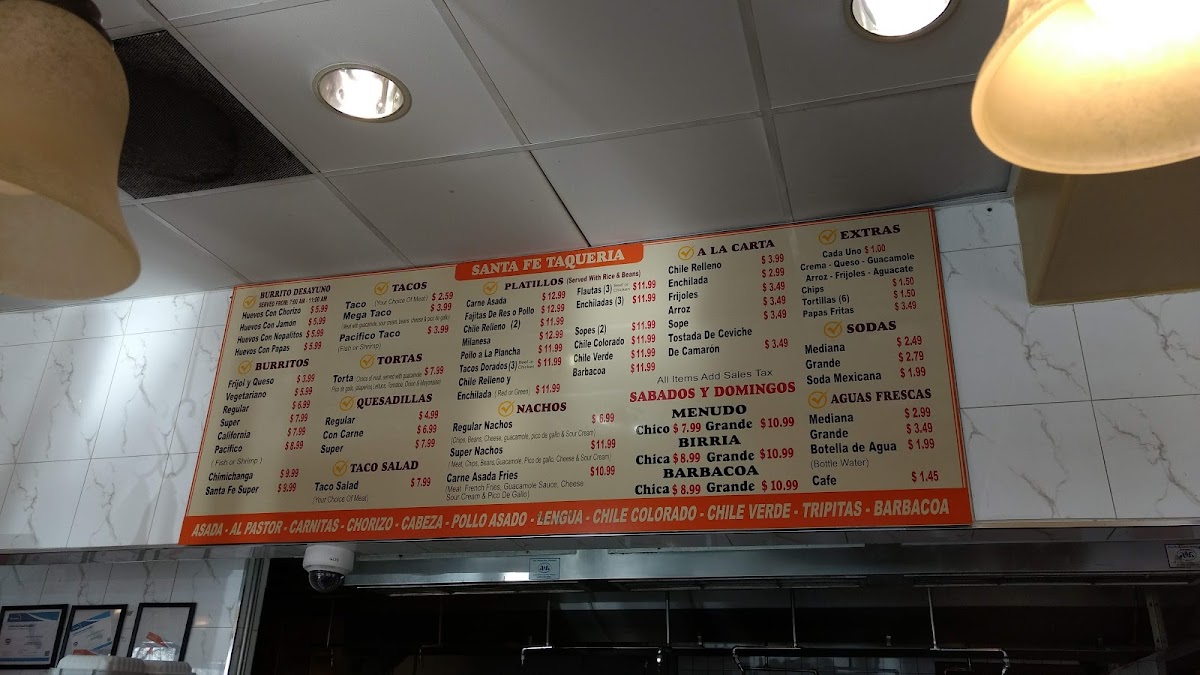 SANTA FE TAQUERIA menu board