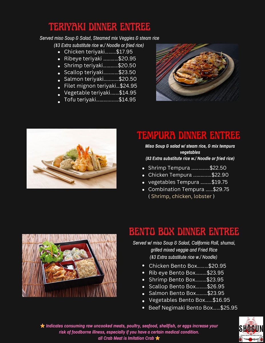 Shogun Japanese Restaurant menu board