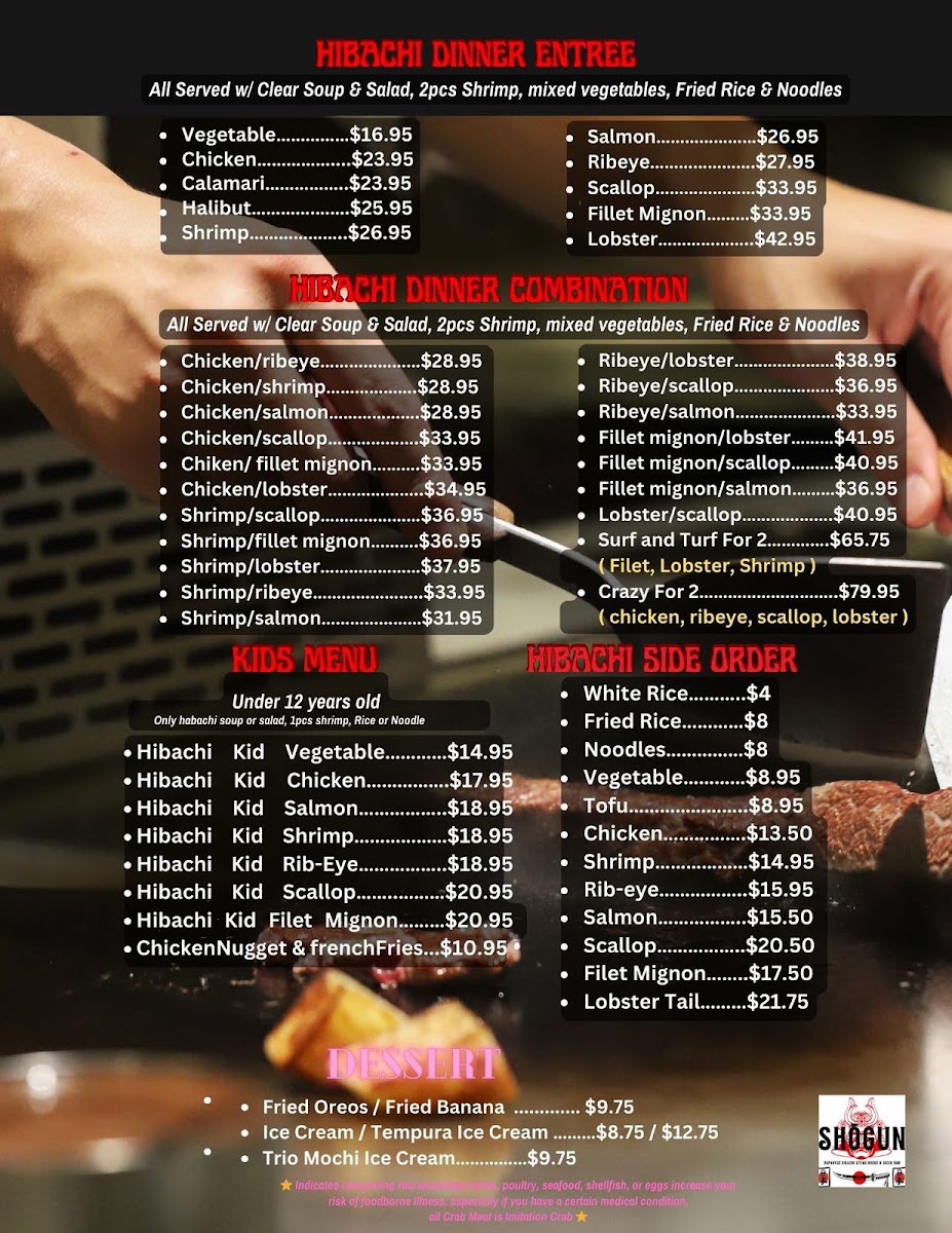 Shogun Japanese Restaurant menu board