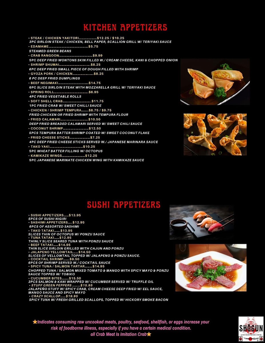 Shogun Japanese Restaurant menu board