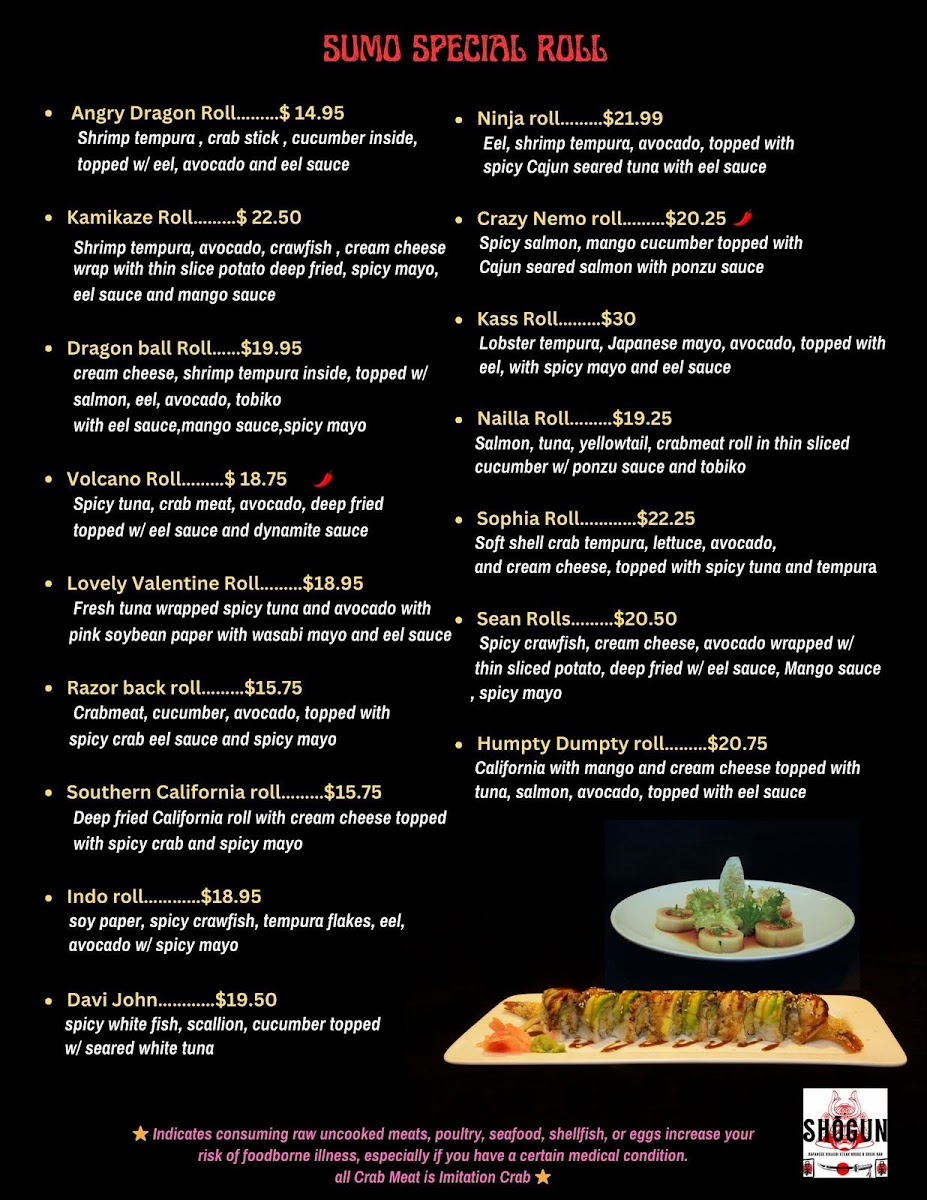 Shogun Japanese Restaurant menu board