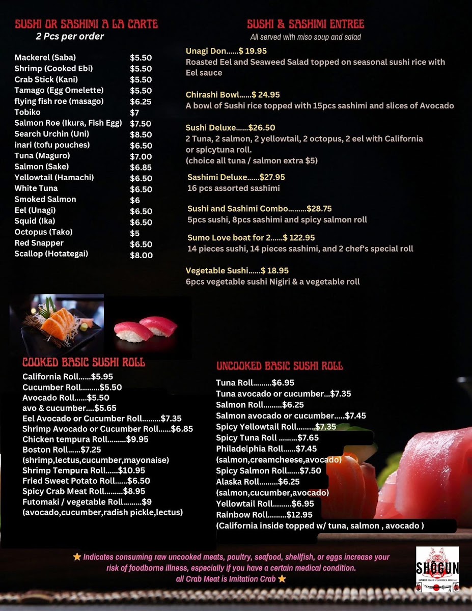 Shogun Japanese Restaurant menu board
