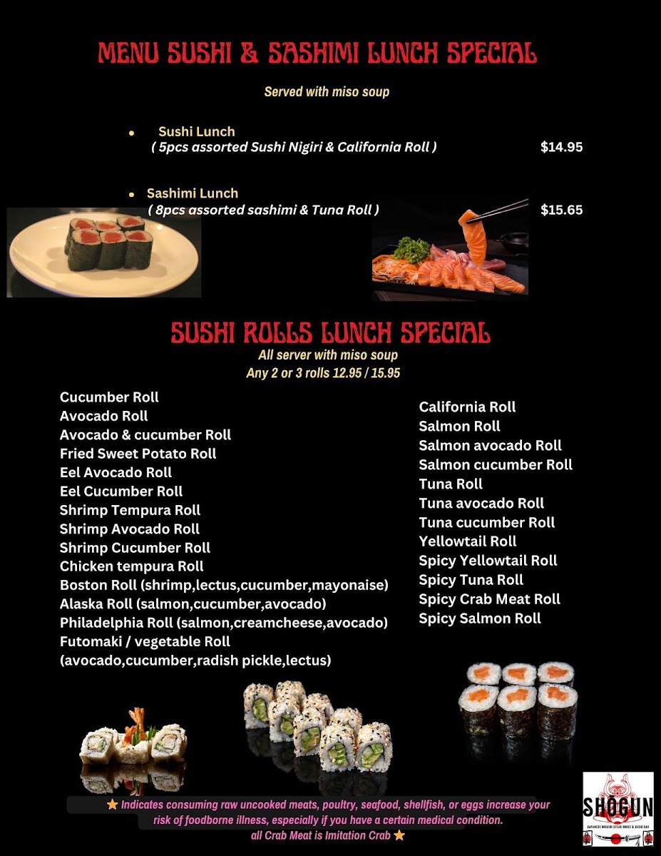 Shogun Japanese Restaurant menu board