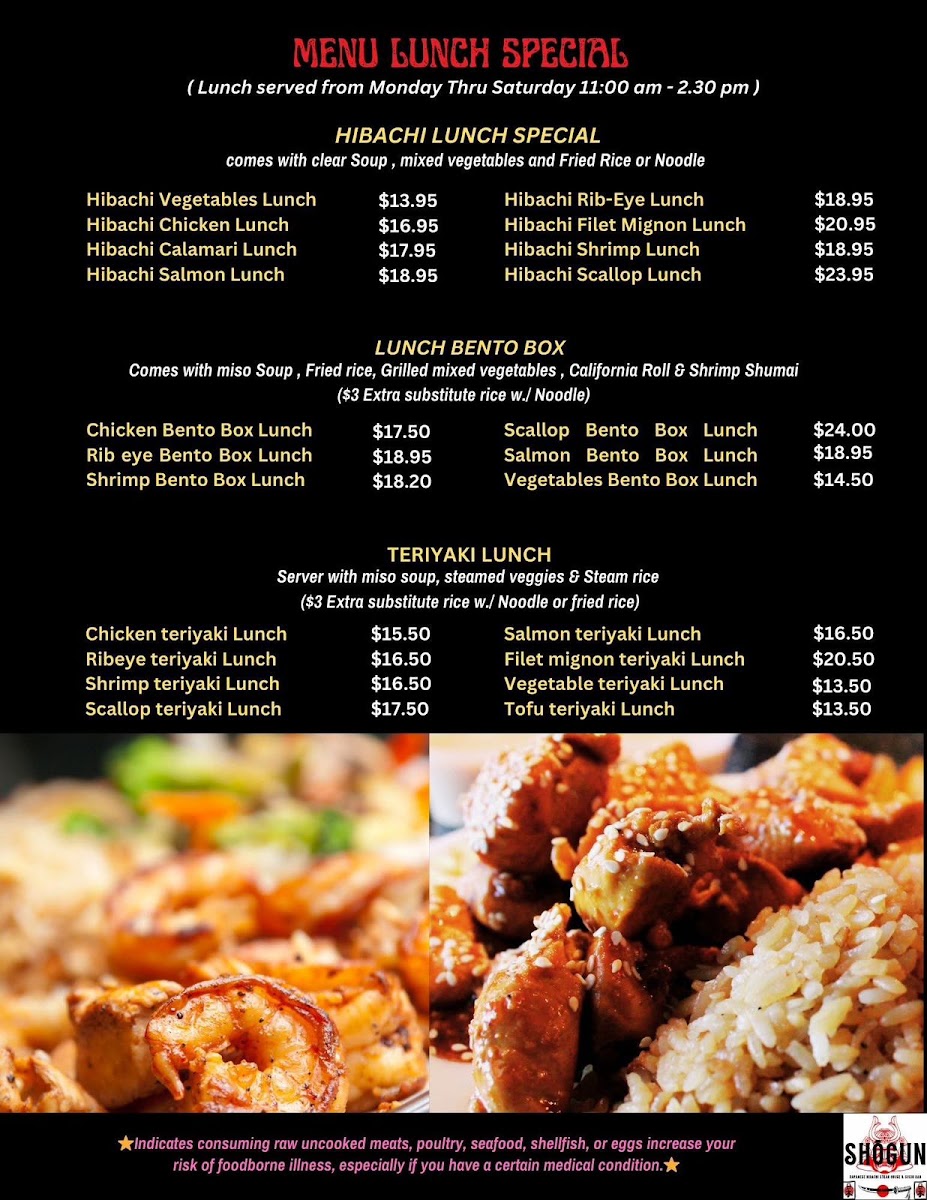 Shogun Japanese Restaurant menu board