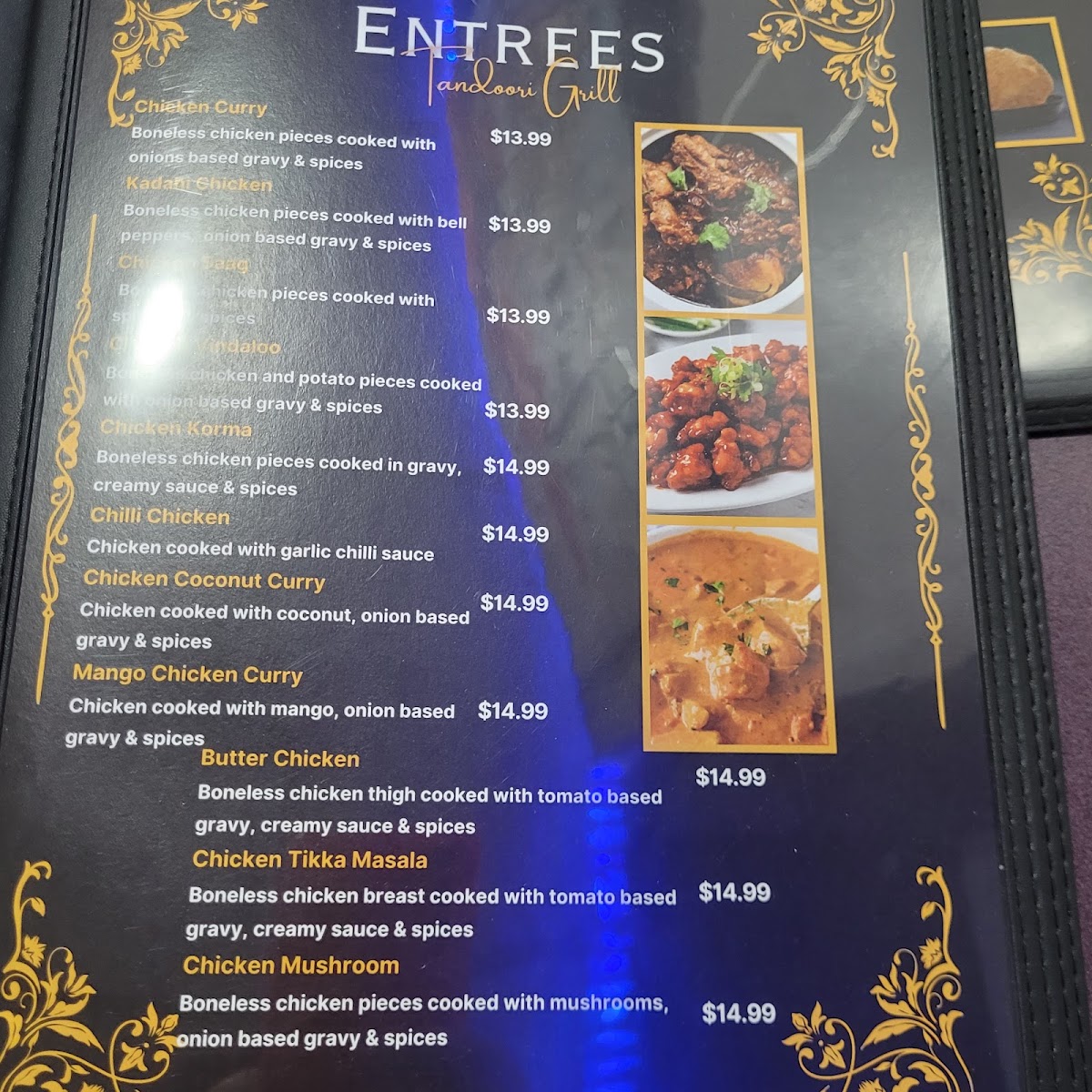 Tandoori grill & bar -Athol menu board