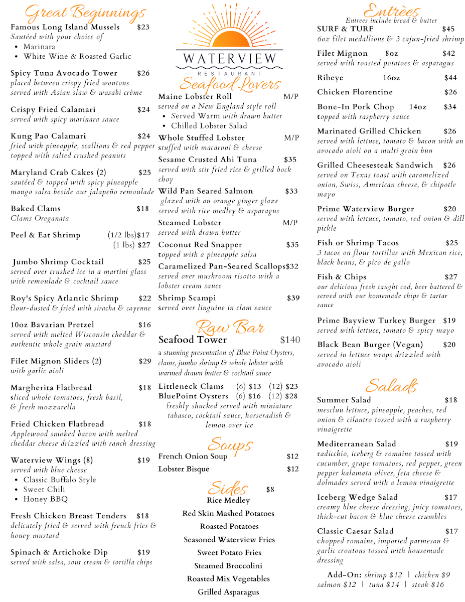 Waterview Restaurant menu board