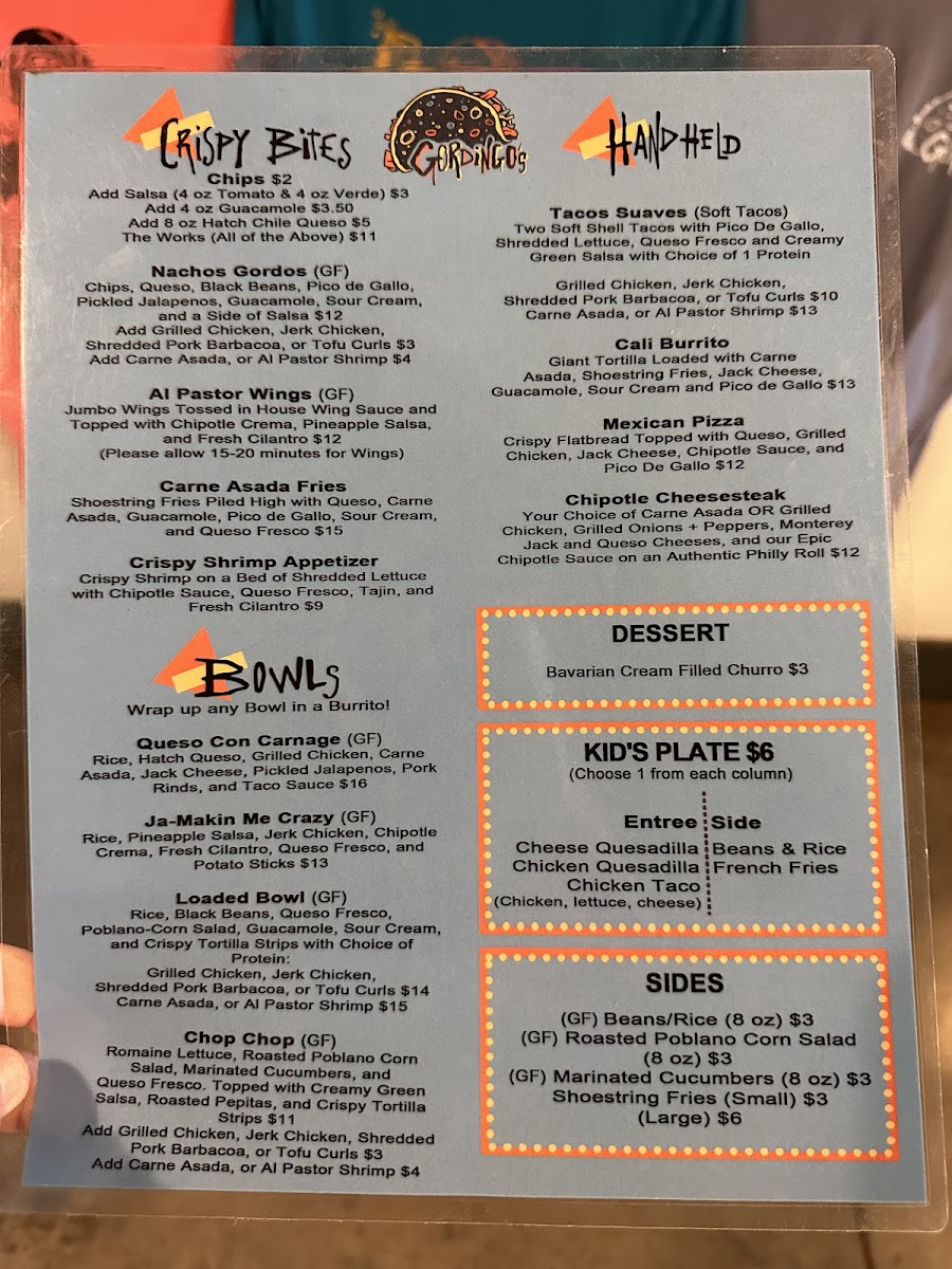 Gordingo's menu board