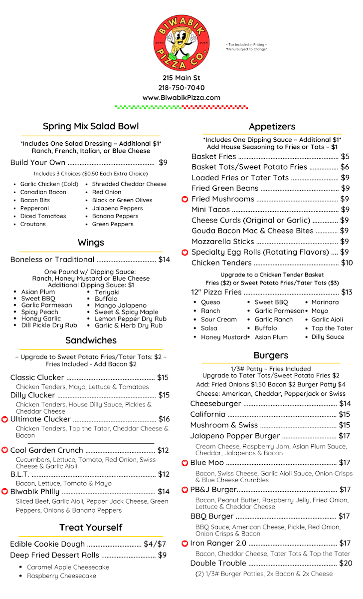 Biwabik Pizza Co. menu board