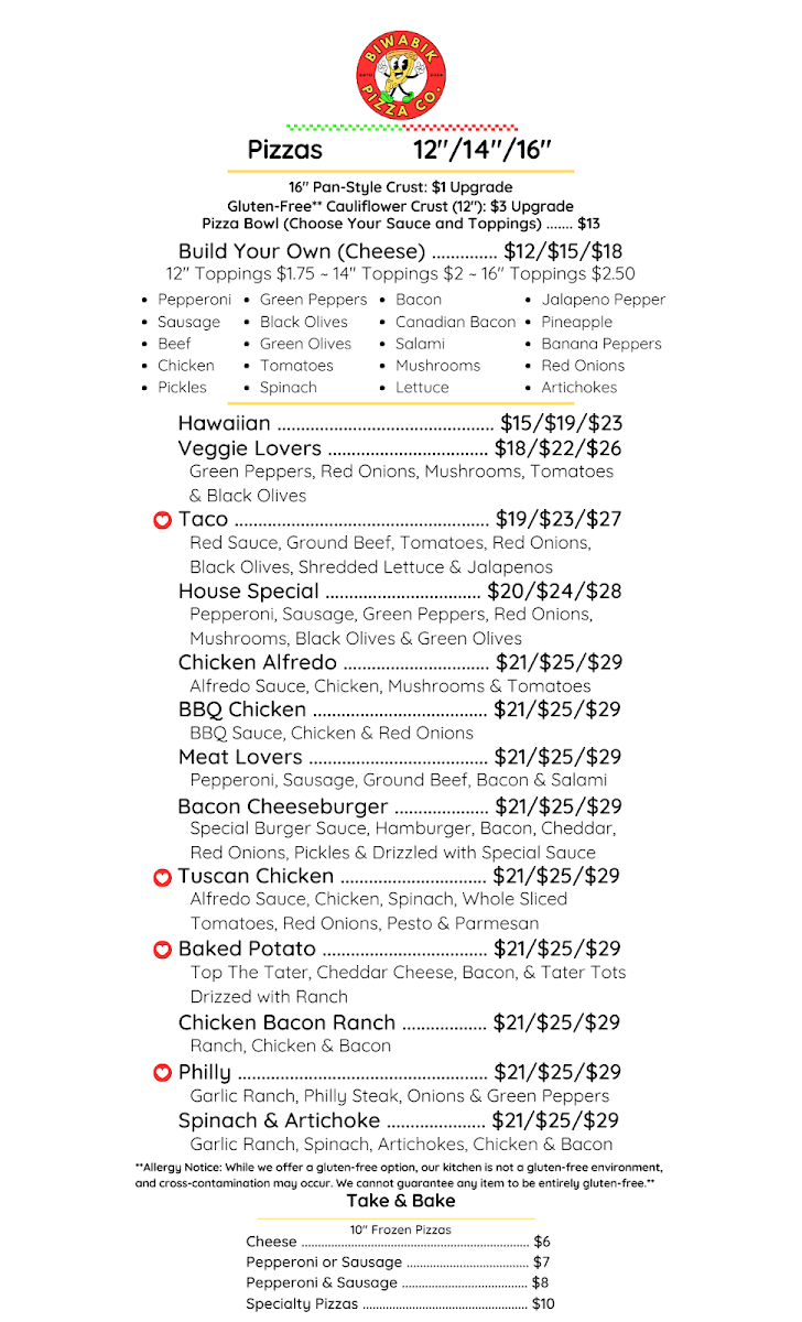 Biwabik Pizza Co. menu board