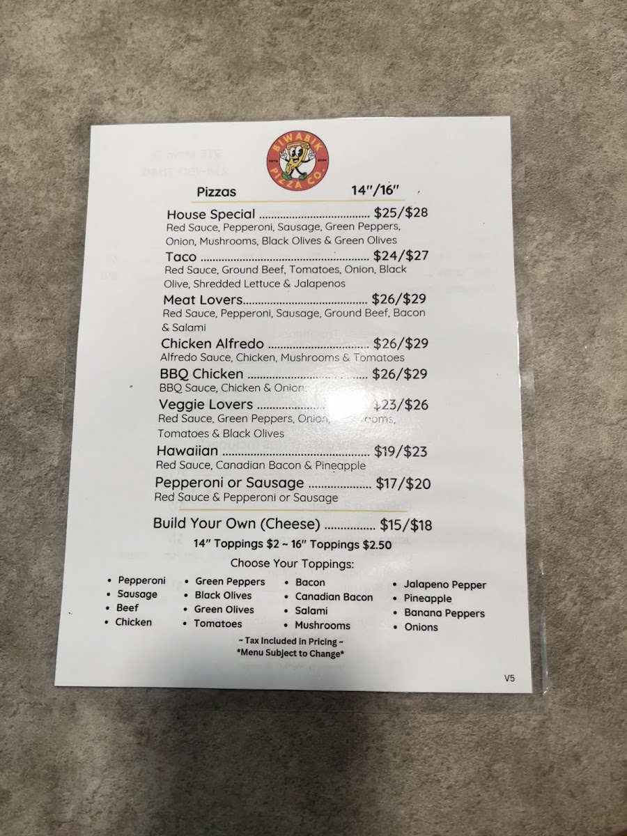 Biwabik Pizza Co. menu board