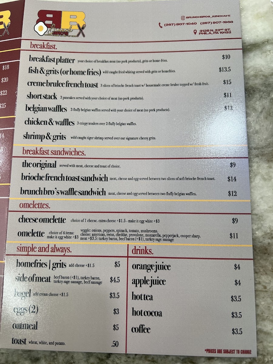 Brunch bro’s 22nd st cafe & eatery menu board