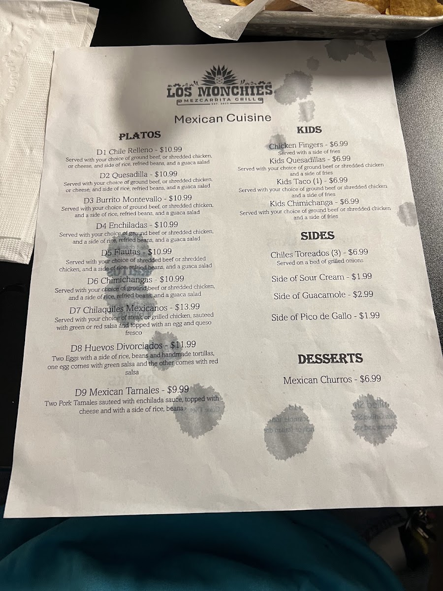 Los Monchies Mezcarrita Grill menu board