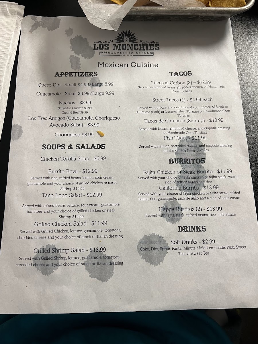 Los Monchies Mezcarrita Grill menu board